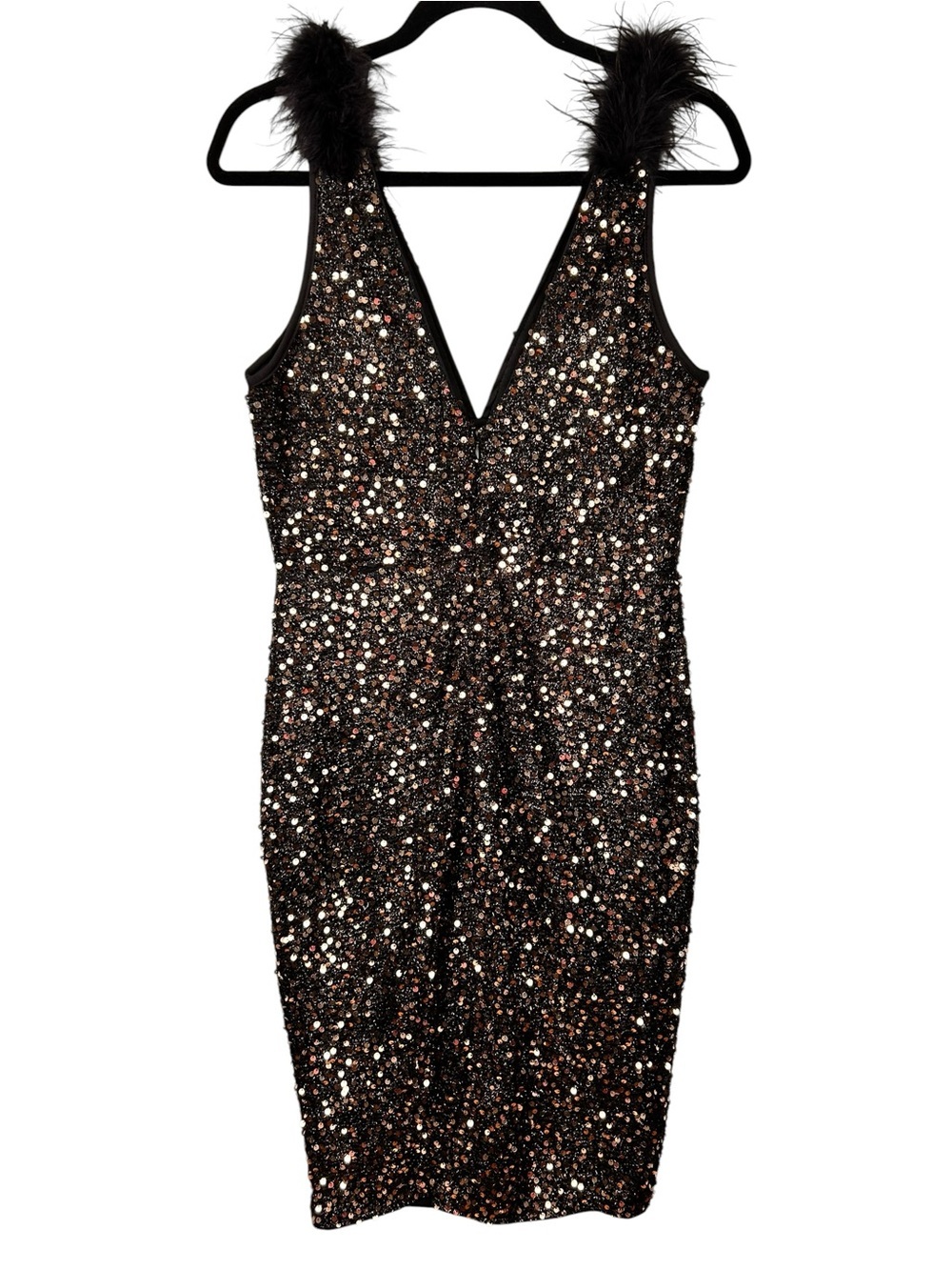 Sequin Feather-Trim Black V-Neck Cocktail Dress, XL Bodycon, Formal Event - Picture 8 of 9